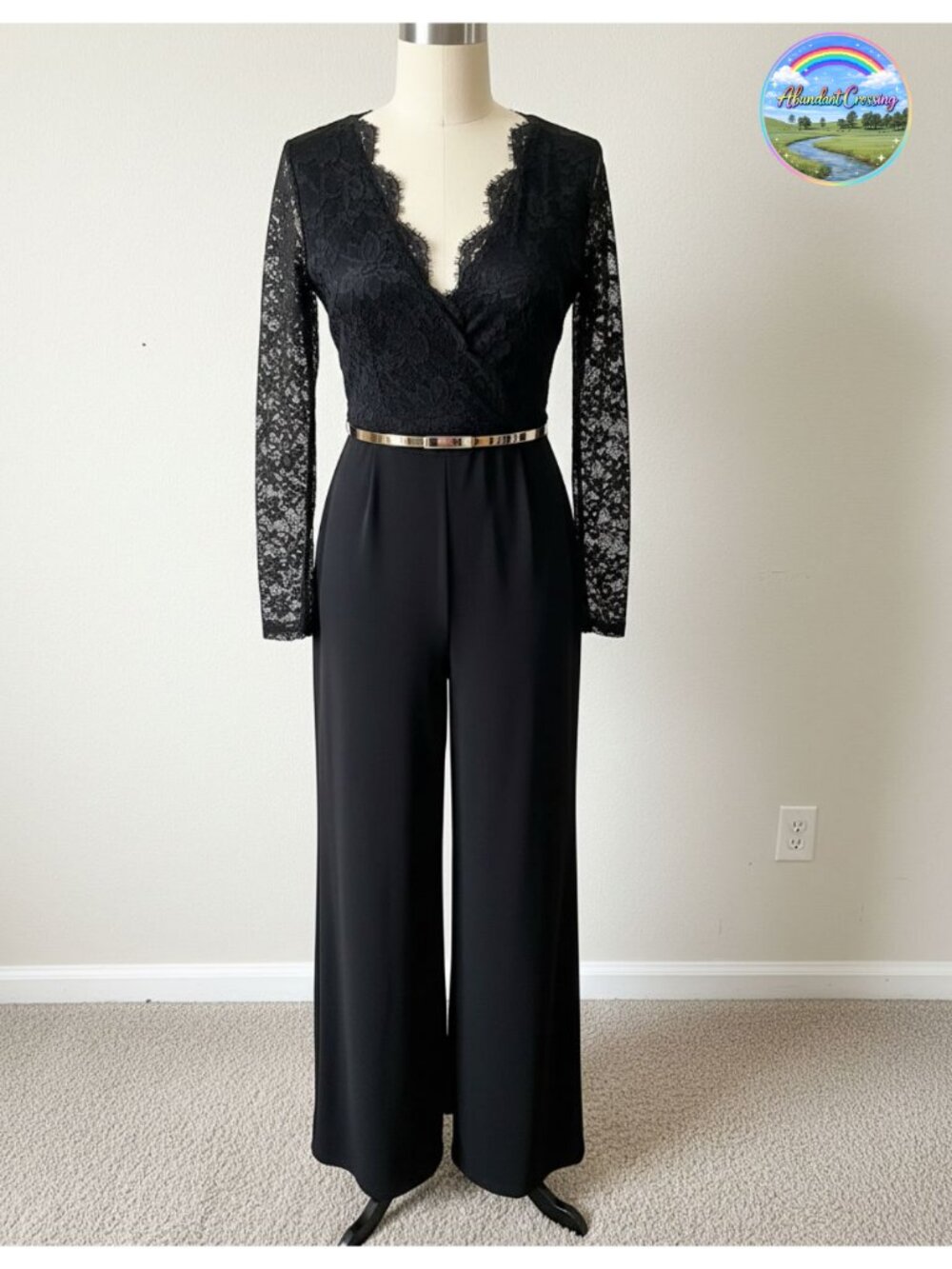 Womens Lace Jumpsuit Long Sleeve V-Neck Straight Leg Belted